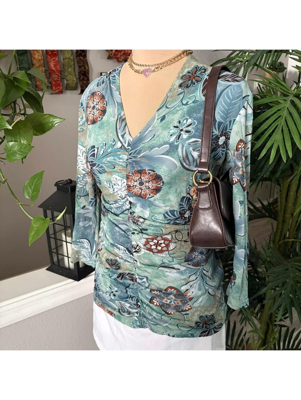 blue mesh vneck top